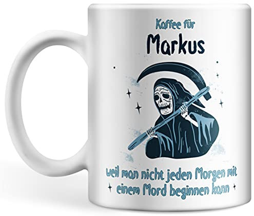 Tasse personalisiert mit Namen, Halloween Tasse, Kaffee für Wunschname weil man nicht jeden Morgen mit einem Mord beginnen kann, Fun Horror Geschenk (Mord am Morgen)