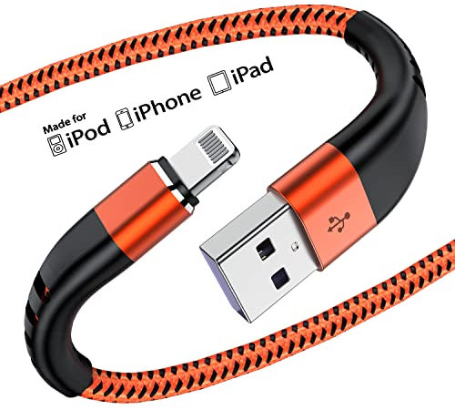 Essri [MFI Certified] 3 Pack iPhone Charger 10ft, Long Lightning Cable Strong Nylon Braided Charging Cable 10 Foot, Fast iPhone USB Cord for Apple iPhone11/ X/XS/XR/8/7/6/5S/SE/iPad Mini Air(Orange)