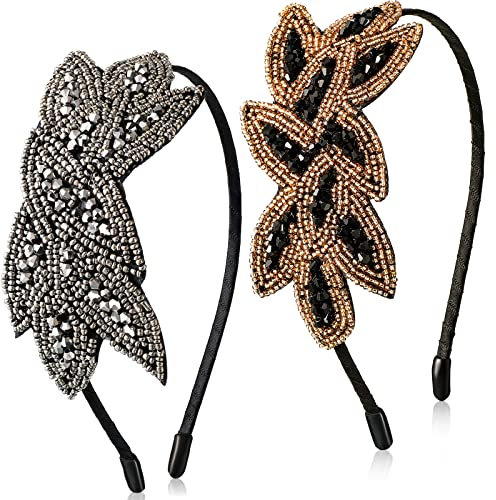 2 Stück 1920er Haarreife Flapper Stirnbänder Damen Haarbänder Blatt Perlen Haarschmuck Vintage Kopfschmuck Accessoires für 20er Jahre Stil Kleid Kostüm (Silber, Schwarz-Gold)
