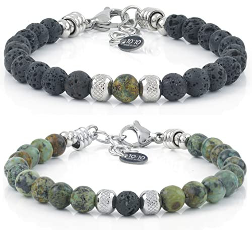 10:10 Bracciale coppia lui e lei con pietre naturali diametro 6 mm e sfere in acciaio inox diamantate. Braccialetto pietre dure regolabile molto resistente. Made In Italy