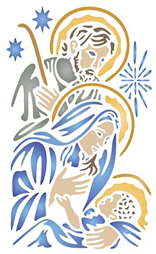 Heilige Familie, Schablone, 16,5 x 26,7 cm (L) - Krippe, Jesus, Maria Josef, katholisch, christlich, religiöse Schablonen für Malvorlage