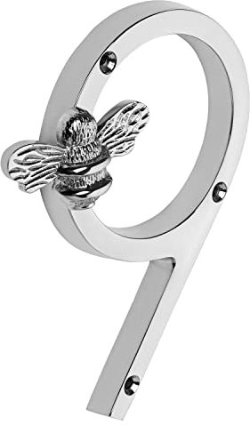 Silver Brass bee House Number with Bee design | 5 inch Modern Door Sign Numbers Signs Plaques | Street Home Address Numerals (9)
