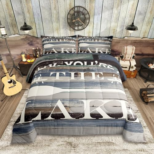 Rustikales Bauernhaus-Bettwäsche-Set, King-Size-Größe, grau-weiß, gesteppt, für Kinder, Jungen, Frauen, Erwachsene, Seehaus-Dekor, 2 Stück, für Herren, Teenager, Retro, Holz-Tagesdecke,