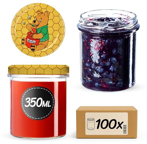 KADAX Lot de 100 bocaux en Verre 350ml Ø82 à Pois Rouges – Couvercle Twist-Off hermétique TO82 – pour confitures, conserves, cornichons, Miel & Fermentation