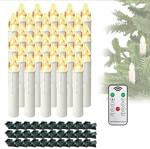 LZQ Candele LED per albero di Natale con telecomando, 30 candele a LED per albero di Natale, senza fili, luce bianca calda, con timer per decorazioni natalizie (senza batterie)