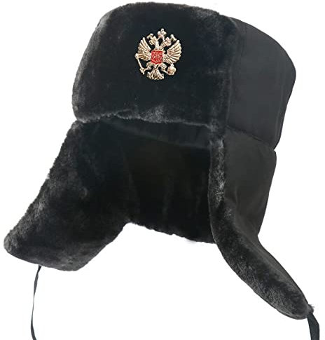 DEPAJA Russische Mütze Sowjetarmee Militärabzeichen Russland Uschanka Bomberhüte Pilot Trapper Trooper Hut Winter Ohrenklappe Männer Schneekappen, Schwarzer Adler Abzeichen, Einheitsgröße