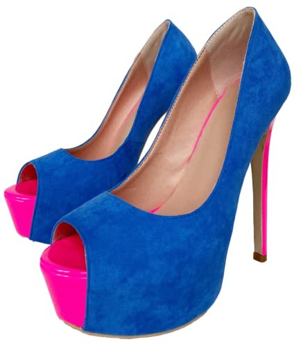 Frankie Hsu Escarpins à talons aiguilles sexy rose fluo à plateforme à talons hauts en daim bleu à bout ouvert - Sandales tendance de grande taille pour femme et homme, bleu, 39 EU