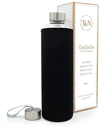 T&N Botella de cristal de 750ml – Botella de vidrio 0,75l con funda de neopreno – Botella de agua a prueba de fugas – Botella de cristal de borosilicato más grueso – Diseño delgado
