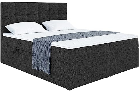 MEBLINI Boxspringbett mit Bettkasten - 180x200 - Gepolstert Doppelbett mit Matratze und Topper - Polsterbett mit Stauraum - Bett mit Kopfteil - Stauraumbett - NILS - H4/Schwarz Webstoff