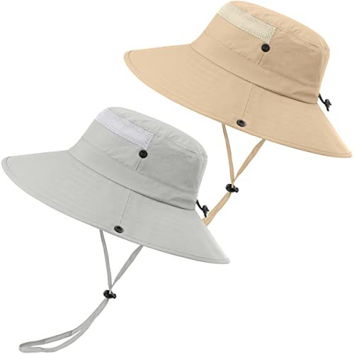 2 Stück Boonie Sonnenhut Herren Bucket Hat UV-Schutz Faltbar Wasserdicht Outdoor Sonnenschutz Hut Fischerhut Sommer Gartenhut Wanderhut Anglerhut Buschhut Unisex (Hellgrau & Khaki, 2 Stück)