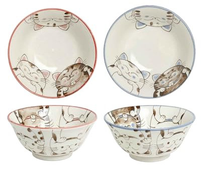 Tokio Japan Design Katzen Schalen Kawaii Cat Tayo Schüssel Black Green Blue & Pink | Nippon Porzellan Ramen Reis Nudel Suppen Dessert Bowl | süße Katzenschälchen (2x Three Cats 15x7cm 500ml BluePink)