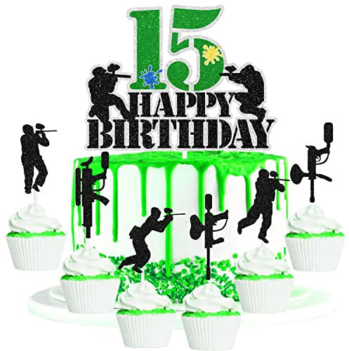 Paintball Happy 15th Birthday Cake Topper Set - Perfekt für Jungen oder Mädchen Paintball Geburtstagsparty, Militär-Mottoparty oder Schieß-Mottoparty Dekoration - SugarGera (15.)