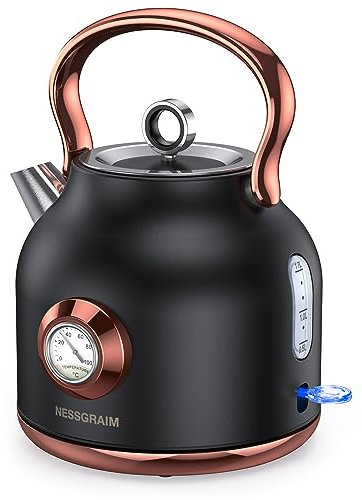 NESSGRAIM Retro Wasserkocher, 1,7L Edelstahl-Teekessel mit Großer Temperaturanzeige, 2200W Schnell Aufheizender Heißwasserboiler mit LED-Indikator,schwarz