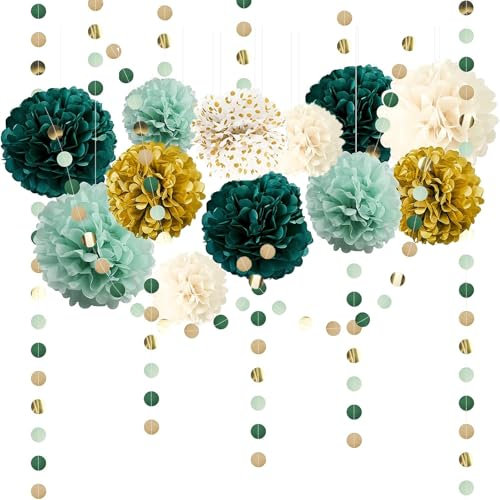 Partydekoration Pompons 15 Stück Grün Gold Weiß Seidenpapier Pompons Deko mit Tissue Papier Pom Poms und Dots Papier Girlande für Hochzeit Abschlussball Babyparty Geburtstag