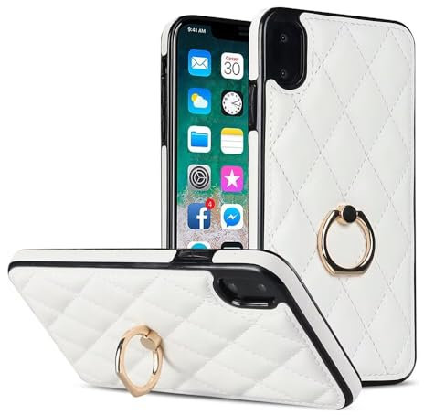 SsHhUu Handyhülle kompatibel mit iPhone X, iPhone XS, 5,8-Zoll,Premium PU Leder Schutzhülle,Mit 360 Gold Magnet Ring Ständer TPU Slim Cover Case Stoßfester Frauen Hülle für iPhone X,Weiß