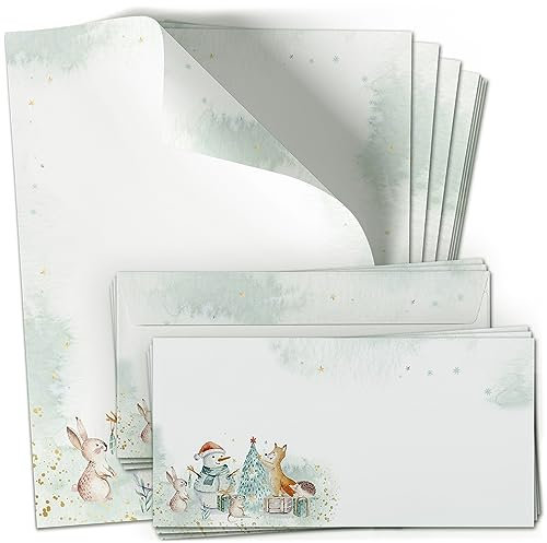 50 Briefpapier und Briefumschlag SET | Weihnachten Weihnachtstiere Weihnachtspost | Papier und Umschlag mit Design-Motiv bedruckt | 90 g/m²