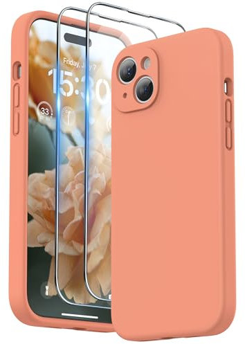 SURPHY Design for iPhone 15 Plus Case, Liquid Silicone Protection for Each Lens [2 x Screen Protectors & 1 x Lanyard] Shockproof Cover for iPhone 15 Plus 6.7 inch 2023, Orange Sorbet