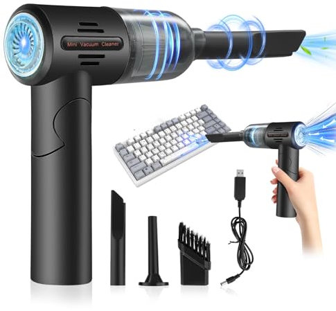 Electric Air Duster Cleaner - 2 in 1 Mini Vacuum Cleaner with LED-Light, 120W 9KPa 36000RPM Cordless Rechargeable Air Duster for PC, Laptop, Computer Keyboard, Electronics, Sofa Cleaning (Black)