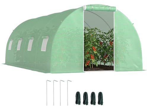 Outsunny Foliengewächshaus Begehbares Polytunnel, 6 x 3 m Dunkelgrün | Gewächshaus, 8 Fenster, Treibhaus, Frostschutz, Stahlrohr