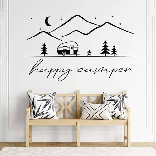 GRAZDesign Wandtattoo Sprüche Happy Camping, Camper, Reise Aufkleber für Wohnzimmer, Flur, Innen und Außen - 95x57cm / dunkelgrau