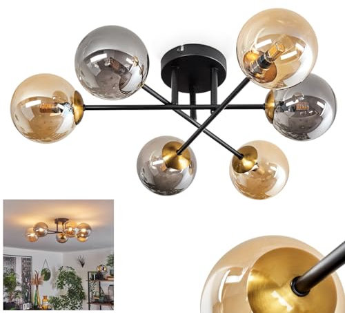 HOFSTEIN Deckenleuchte Chehalis, Deckenlampe aus Metall/Glas in Schwarz/Gold/Bernsteinfarben/Rauchfarben, Leuchte im modernen Retro/Vintage-Design mit Schirmen aus Glas (Ø 12cm), 6 x G9