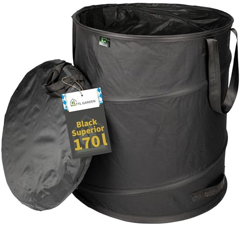 TTL Garden BLACK SUPERIOR 170L Pop Up Gartensack - DOPPELTER BODEN 260gsm extra stabil 600D Oxford 170 Liter Gartenabfallsack Laubsack faltbar Grünschnitt Garten Abfall selbstaufstellend