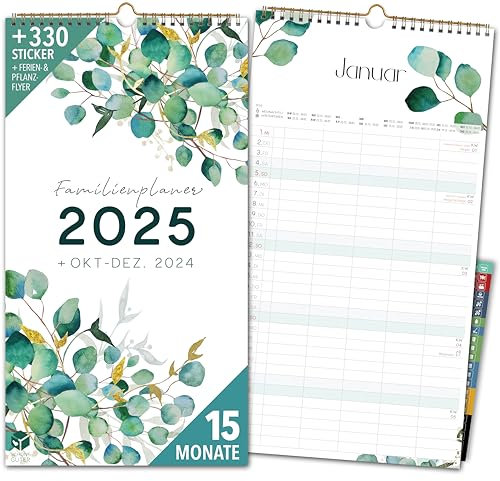 Familienkalender 2025 5 Spalten EUKALYPTUS Familienplaner 2025 und Okt-Dez 2024 Wandkalender 24 x 43cm Planer für Familie 2025 Wandplaner STICKER Recycling Urlaub Eucalyptus Floral Natur