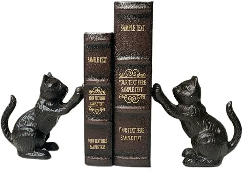 LUKYTME Buchstützen für Regale, dekorativ, Gusseisen, niedliche Katze, Buchstützen für schwere Bücher, klassisches Schwarz, 2 Stück