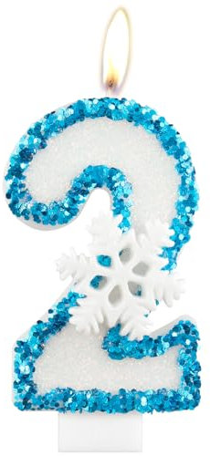 Snowflake Birthday Candles, Glitter 2nd Birthday Number Candle, Snowflake Number 2 Candles for Cake, Blue White Frozen Cake Candles Toppers for Girls Frozen Themed Party Decorations