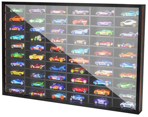 FIGURESLAB Modellauto-Sammler-Vitrine, Maßstab 1:64, Druckguss, Streichholzschachtel-Räder, Auto-Display-Rahmen mit 60 Fächern, staubdichte Holzbox für Sammlerstücke, schwarz, 41,3 x 61,2 x 5 cm