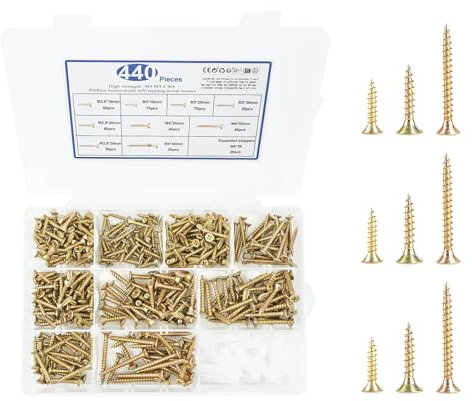 440 Stück Selbstschneidende Schrauben Set, M3 M3.5 M4 Schrauben Sortiment,Flachkopf Holzschrauben mit Aufbewahrungsbox,Vollgewinde Kreuzschlitzschrauben Blechschrauben für Holz - 9 Größen