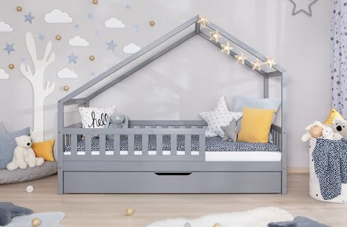 TiCAA Hausbett Bodenbett wandelbar mit asymmetrischem Lou 90/100/120/140x200 cm für Jungen & Mädchen, inkl. Rolllattenrost, Zusatzbett & Rausfallschutz, Montessori Bett aus Kiefer Massivholz