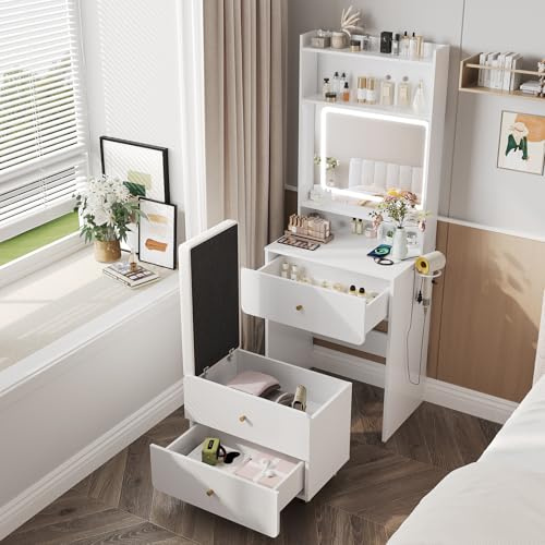 Vabches Make Up Vanity Desk with Mirror and Lights, White Vanity Table Set with Charger Station,Girls Small Vanity and Storage Chair