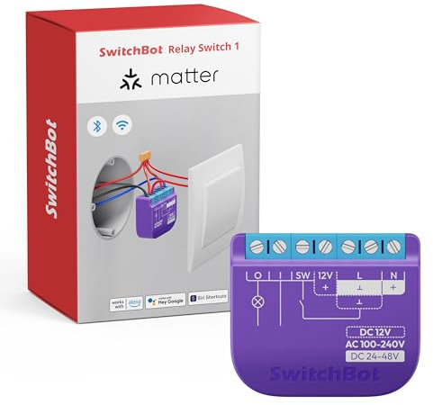 SwitchBot Wlan Schalter 1 (2er-Pack) kompatibel mit Alexa/Apple Home/Google Home, Leistungsmessendes Relaisschaltmodul mit integriertem Bluetooth Repeater und Trockenkontakt, Wi-Fi 2,4 GHz, 16A
