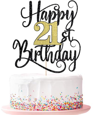 Happy 21th Birthday Cake Topper 21 Birthday Party Cake Decorations (Black and Gold Flashes, 21st)