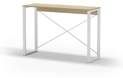 FWStyle Light Oak Modern Console Table Hallway Furniture White Metal Frame. W110 x D35 x H75cm.
