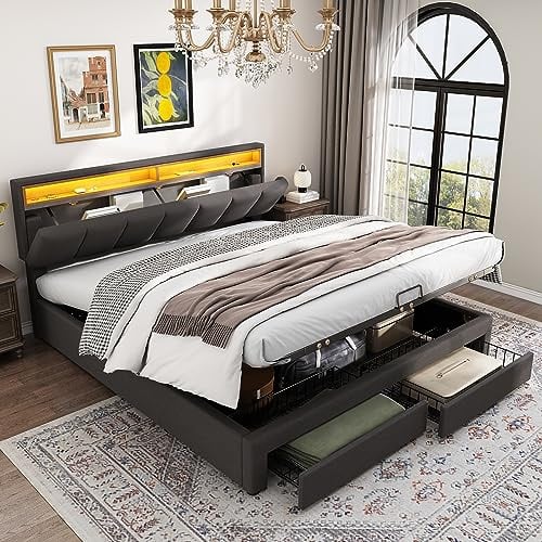 LAKFEW Polsterbett 160x200 cm mit LED-Beleuchtung, Doppelbett mit Stauraum und 2 Schubladen, Erwachsenenbett mit Hydraulischem Stauraum, Bettgestell Bett mit Lattenrost, Ohne Matratze, Grau, Leinen