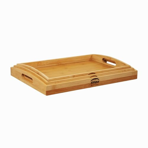 simpa Natural Bamboo Food Serving Trays - Set of 3 | Raised Edges, Lightweight with Integrated Handles| Nesting Storage Design | Perfect for Breakfast in Bed & Tea