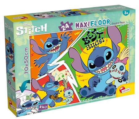 Lisciani - Puzzle Disney - LILO & Stitch MaxiFloor - 24-teiliges doppelseitiges Puzzle für Kinder ab 3 Jahren - Rückseite zum Ausmalen - Format 70x50 - Kreative Aktivität - Geburtstagsgeschenkidee