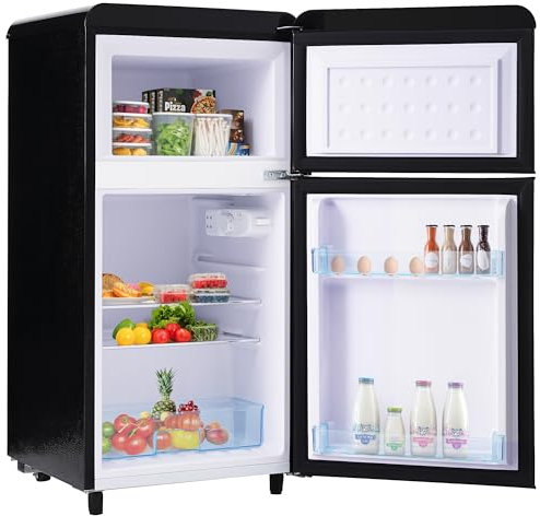 Ymkua Frigorifero Piccolo, Frigorifero Combinato 72 L (21+51), 45x46x91 cm Frigo Da Camera, Mini Frigo Bar con LED luce e Ripiani Rimovibili, Freezer Separato Doppia Porta, 120 kWh/anno (Black)