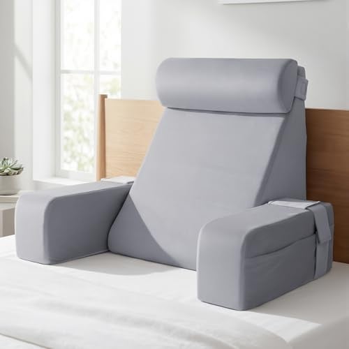 USOR Reading Pillow for Sitting in Bed Adult, Back Pillow for Sitting Up, Backrest Cushion with Arms for Watching TV/Reading/Gaming/Resting, Grey(50cm)