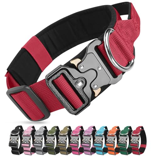 Ledeak Taktisches Hundehalsband mit Griff, Weich Gepolstert Verstellbares Hunde Halsband, Nylon Breit Trainings Halsband, Robuster Dog Collar mit Metallschnalle für Mittlere Große Hunde (Rot, XL)