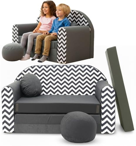 TUPPI Kindersofa Kinder Couch mit Schlaffunktion ausklappbar, 168x98cm, Set mit Kissen und Fußstütze, Spielsofa, Bettfunktion - Mädchen Jungen, Sitzsack Minisofa Schlafsofa Kinderzimmer (SWM-AC2)