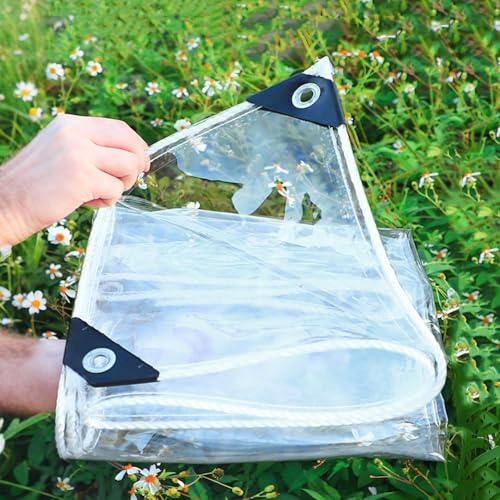 Generisch Transparente Plane 0.35mm mit Ösen 2m 2.5m 3.0m 3.5m 4.0m 4.5m 5m 5.5m wasserdichte Abdeckplane 400g/m² PVC Abdeckplane für Pflanzen Gewächshaus Balkon Camping Vardach Carport(5x6m)