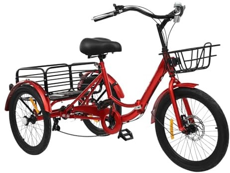 KKVUIIFF - 20 Zoll Klapprad Dreirad, Dreirad für Erwachsene, 7 Gang Erwachsenendreirad mit Korb, für Einkaufen, Ausflüge & Trainieren (Rot)
