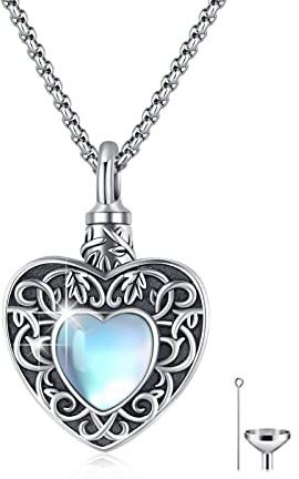XIXLES Collier urne en forme de cœur, pierre de lune, en argent sterling 925, avec pendentif urne d'arbre de vie, pour cendres, crémation de cendres, pour homme et femme