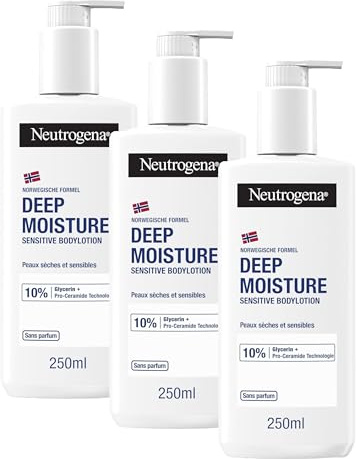 Neutrogena Norwegische Formel Deep Moisture Sensitive Bodylotion (250 ml) für trockene, empfindliche Haut mit 10 Prozent Glycerin und Pro-Ceramide Technologie (Packung mit 3)