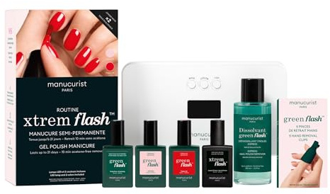 Manucurist Xtrem Flash Gel Nägel Set mit 2 UV Nagellack | Poppy Red & Hortencia - LED Lampe 36W, Base Coat, Top Coat Gel UV, Entferner & Clips - Bis zu 21 Tage Halt