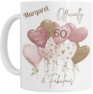 Personalised Birthday Mug, Officially 60 & Fabulous Balloon Design, Birthday Gift for Her Women 18th 21st 30th 40th 50th 60th 70th 80th - White Ceramic