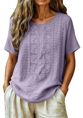 Generico Top da Donna in Cotone Lino con Ricamo Colori Vari Blusa a Maniche Corte con Scollatura Rotonda Comoda e Traspirante per Uso Quotidiano Lavoro Vacanze Tagile S-3XL